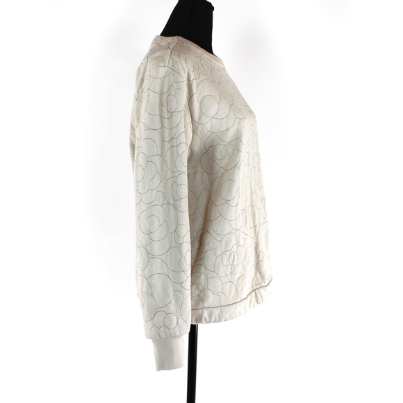 CHANEL Camelia Floral Stitched Beige Cotton Crewneck Sweater 38 Logo CC Button - Picture 2 of 7
